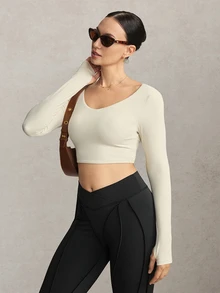 Activina Women's Solid Color Back Cutout Design Long Sleeve Sports T-Shirt - White - View 6
