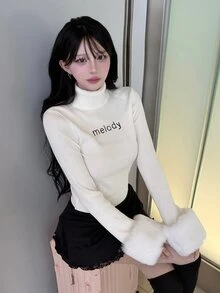 FRIFUL Women's Letter Embroidered High Neck Patchwork Fur Cuff Sweater - White - View 6