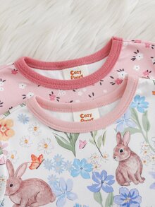 Cozy Pixies 4件裝女嬰休閒日常舒適碎花對比色圓領套頭睡衣上衣與長褲2件套，2套 - 粉色 - 查看 6