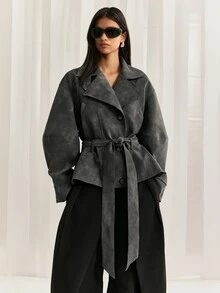 LYSMO Jaket Kasual Wanita Lengan Panjang dengan Bahu Longgar dan Kancing Tunggal serta Tali Ikat Pinggang - Dark Grey - View 4