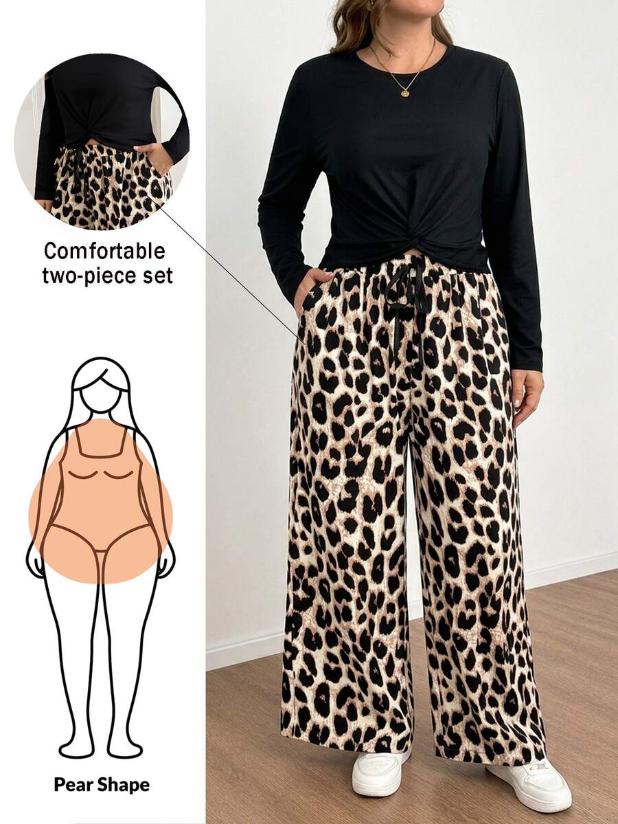 Shapeblank Set 2 Potong Kaos Lengan Panjang dengan Simpul Depan Ukuran Besar dan Celana Longgar Motif Leopard dengan Kantong