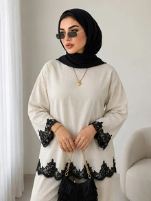 Solavon Plus Size Women's Lace Patchwork Long Sleeve Top And Pants Casual Daily 2 Pieces Set - Apricot - View 3