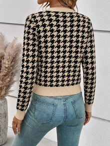 SHEIN Frenchy Cardigan Rajut Tipis Lengan Panjang Kancing Tunggal Motif Houndstooth untuk Wanita - MultiWarna - View 2