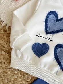 SHEIN Baby Girl Knit Heart Pattern Crew Neck Casual Sweatshirt & Long Pants 2 Pieces Set - Multicolor - View 3