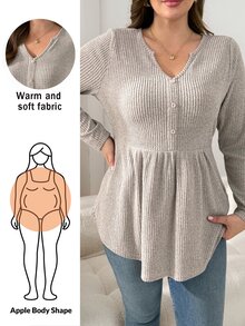 Shapeblank Plus Size Women's Solid Color Notched V-Neck Long Sleeve Button Design Casual T-Shirt - Apricot - View 1