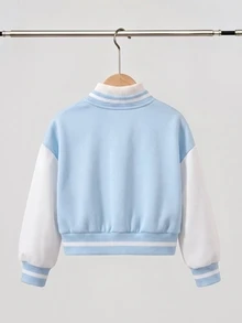 SHEIN Elladie kids 女童春秋粉色與白色拼接棒球夾克，卡通女孩星星與字母印花，羅紋立領，單排扣，短版，長袖，學院風，適合上學、外出、休閒穿著 - 彩色 - 查看 2