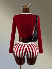 Amplova Women's Red & White Long T-Shirt & Fitted Shorts Sports Set - Red and White - View 2