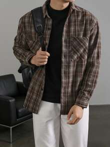 Manfinity Dauomo Men's Plaid Long Sleeve Single-Breasted Double Pocket Shirt - Brown - View 7