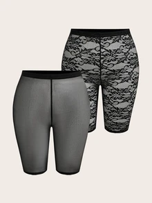 SHEIN SXY 黑色網紗蕾絲透視兩件式高腰短款緊身褲 - 黑色 - 查看 5