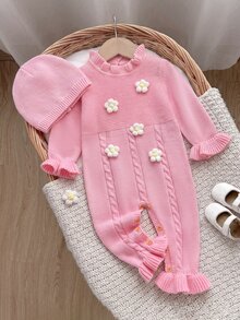SHEIN 女嬰新生兒粉色針織連身衣 + 帽子 2件套，一體式針織連身褲，秋冬款 - 藕粉色 - 查看 1