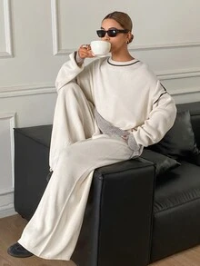 Livesso Setelan Kasual Wanita: Sweater Lengan Panjang Kerah Bulat dan Celana Rajut dengan Desain Blok Warna untuk Musim Gugur. - Aprikot - View 5