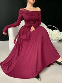 DAZY Women's Solid Color Contrast Lace Asymmetrical Shoulder Long Sleeve Side Waist Knot Elegant Mid-Length Dress Fall - Burgundy - View 1