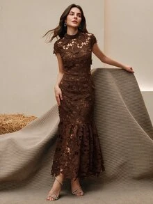 Anewsta 秋冬咖啡色立領鏤空蕾絲重工短袖魚尾長洋裝，適合宴會、婚禮賓客、約會穿著女款洋裝 - 咖啡 - 查看 5