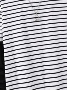 SHEIN 青少年男孩休閒舒適百搭條紋拼色拼接袖長袖上衣 - 白色 - 查看 5