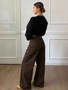 Livesso Tall 女款休閒鈕扣口袋直筒牛仔褲 - 棕色 - 查看 5