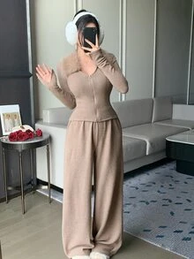 DAZY Women's Fur Collar Long Sleeve Zipper Front Knit Cardigan And Knit Pants Elegant 2 Pieces Set - Khaki - View 4