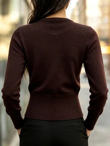 SHEIN Sweater Wanita Polos Lengan Panjang Leher Bulat dengan Desain Kancing Kasual - Putih - View 2