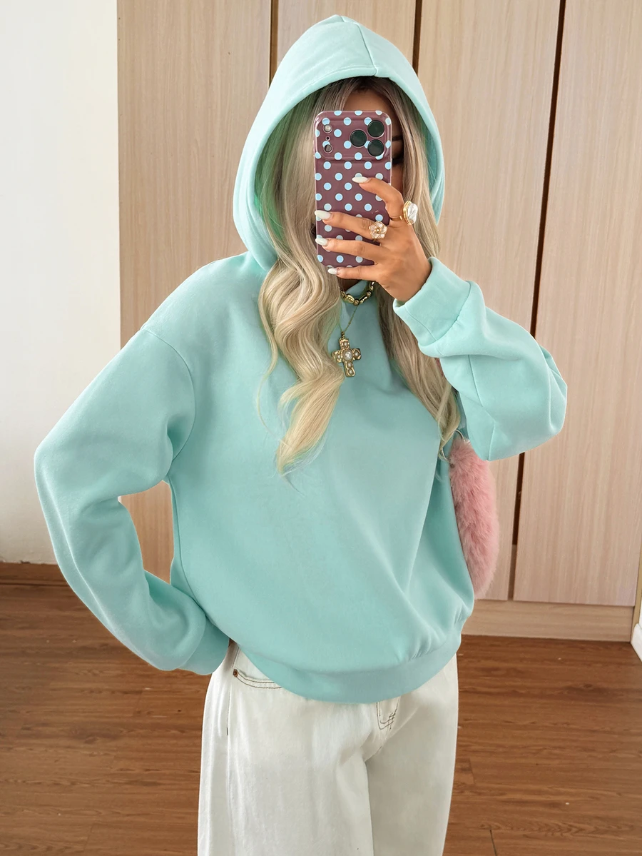 SHEIN EZwear 女款純色極簡百搭長袖運動衫 - 綠色 - 查看 1