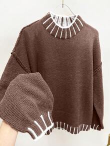 SHEIN LUNE 女款拼色休閒百搭日常穿著長袖針織衫 - 咖啡棕 - 查看 3