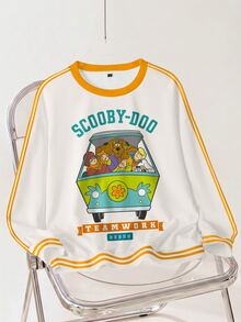 SCOOBY-DOO X SHEIN 大尺碼圓領卡通圖案日常休閒衛衣 - 白色 - 查看 1