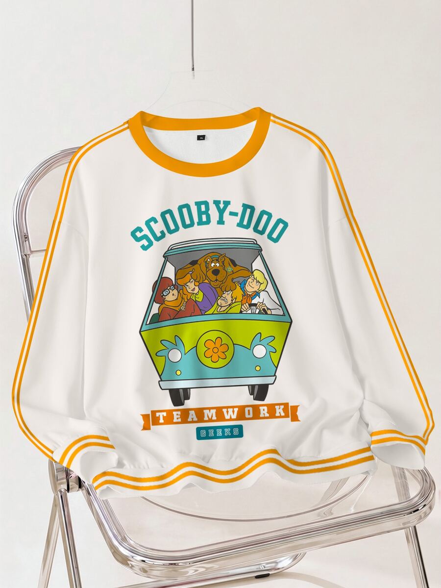 SCOOBY-DOO X SHEIN 大尺碼圓領卡通圖案日常休閒衛衣 - 白色 - 查看 1