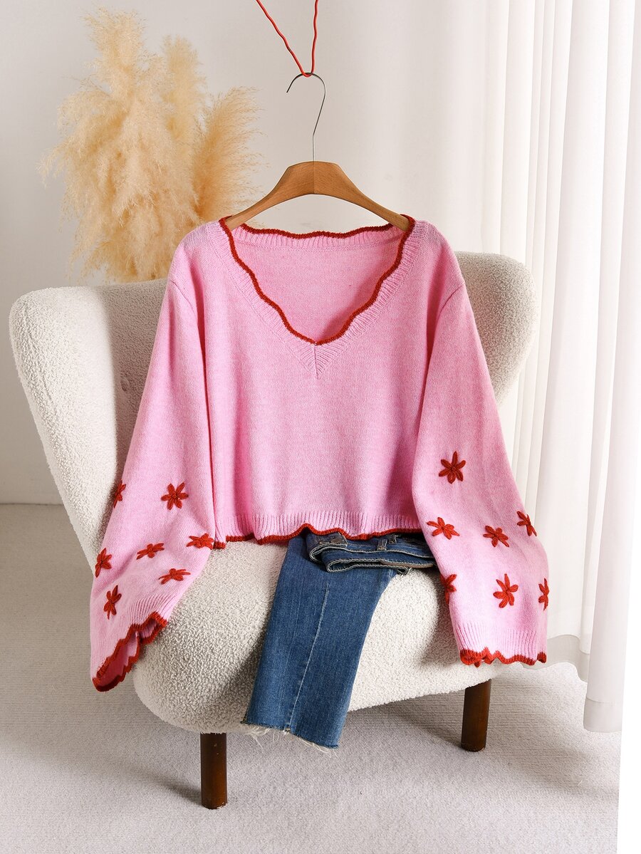 Elaquor Plus Size Fashion Vacation 3D Embroidered Pullover Sweater Date Night Evening Pink Floral Autumn Cute Casual Winter - Pink - View 1