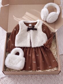 SHEIN Playful Pals 女嬰 2 件套洋裝套裝 秋冬格紋長袖復古甜美米色卡其印花洋裝褲裝襯衫 - 棕色 - 查看 7