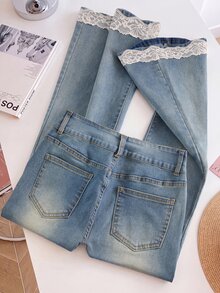 GlowEve Plus Size Women's Korean Style Fashion Lace Patchwork Flared Jeans - Light Wash - View 2