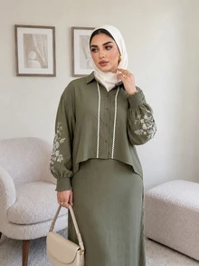 Solavon Plus Size Women's Floral Print Single-Breasted Shirt And Skirt Casual 2 Pieces Set - Olive Green - View 6