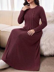 Al Najma Plus Size Women Solid Color Round Neck Long Sleeve Button Design Casual Arabian Dress - Burgundy - View 4