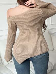 Modelyn Sweater Asimetris Polos Elegan Ukuran Besar, Musim Gugur - Unta - View 3