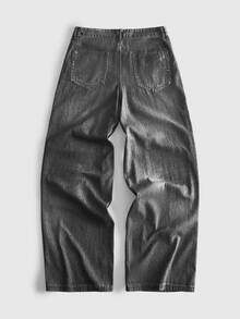 ROMWE MEN Men's Heavyweight Washed Printed Straight Leg Loose Fit Denim Jeans - Grey - View 2