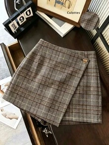 SHEIN Franclia 春夏秋冬深咖啡色格紋裙褲，優雅休閒時尚百搭浪漫約會通勤 - 杏色 - 查看 1