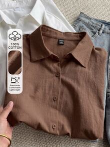DAZY Women's Cotton Blend Loose Fit Solid Purple Casual Versatile Everyday Shirt - Coffee Brown - View 1
