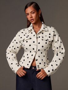 Athîral Denim Women's Relaxed Fit White Denim Jacket,Contrast Stitching,Button Front,Waist Tab,Black Polka Dot,Autumn Retro Chic,Daily Daytime Wear,Office Casual - Apricot - View 3