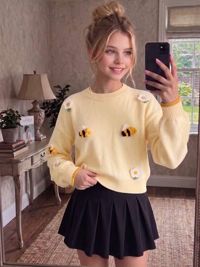 SHEIN كنزة صوفية سميكة محبوكة بتصميم بسيط للفتيات، أكمام طويلة، موضة الخريف/الشتاء