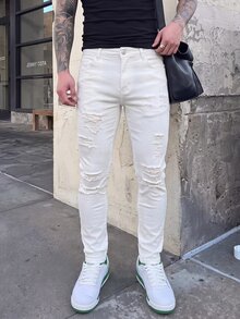 Manfinity Roghcode Men's Pocket Distressed Slim Fit Casual Denim Jeans - White - View 3