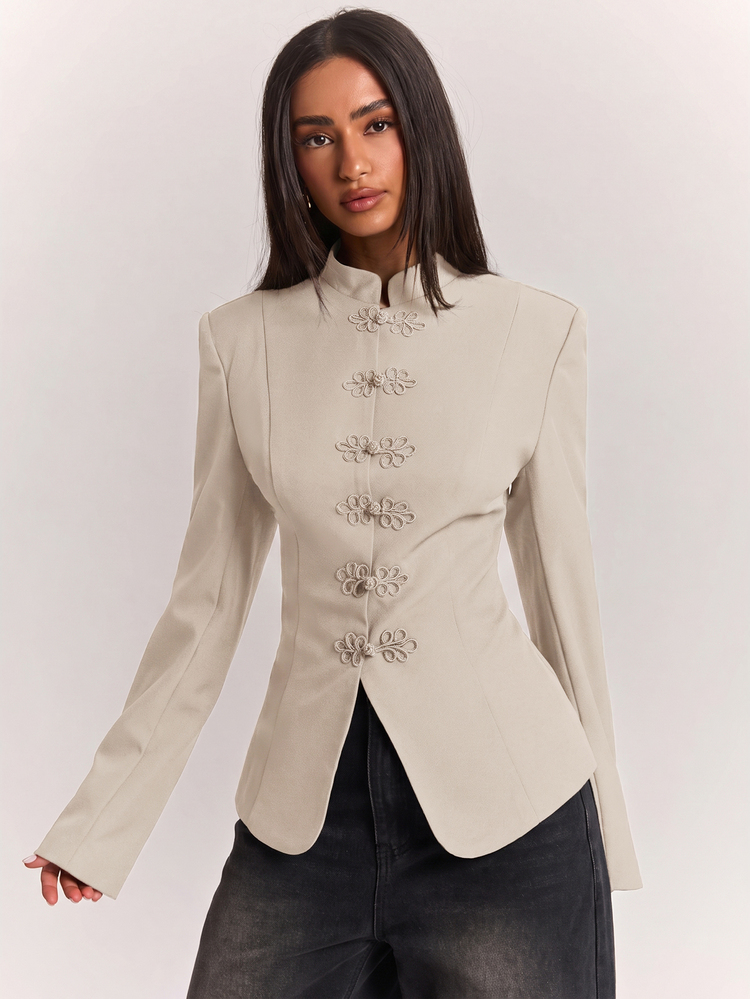 SHEIN BAE Fashionable Elegant Commute Solid Color Frog Button Blazer - Khaki - View 4