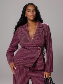 Rustia Plus Size Spring/Autumn Vintage Premium Fashion Striped Long Sleeve Waist-Cinching Slimming Blazer Suit Set - Burgundy - View 6