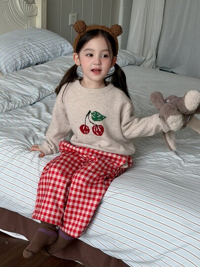 DAZY Setelan 2 Potong Longgar Gaya Korea untuk Bayi/Balita (Perempuan) dengan Sweater Lengan Panjang Leher Bulat dan Motif Kotak-kotak