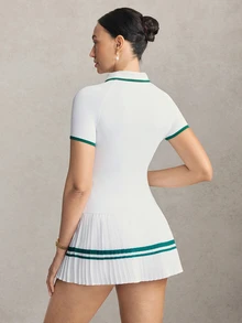 Activina Women's Patchwork Striped Pleated Hem Short Sleeve Sports Dress With Shorts White And Green Set Color Block Athletic Tennis Golf Summer - White - View 2