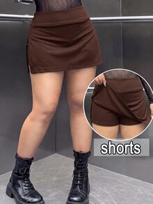 Muchica Chocolate Brown Side Slit Plus Size Skort - Chocolate Brown - View 1
