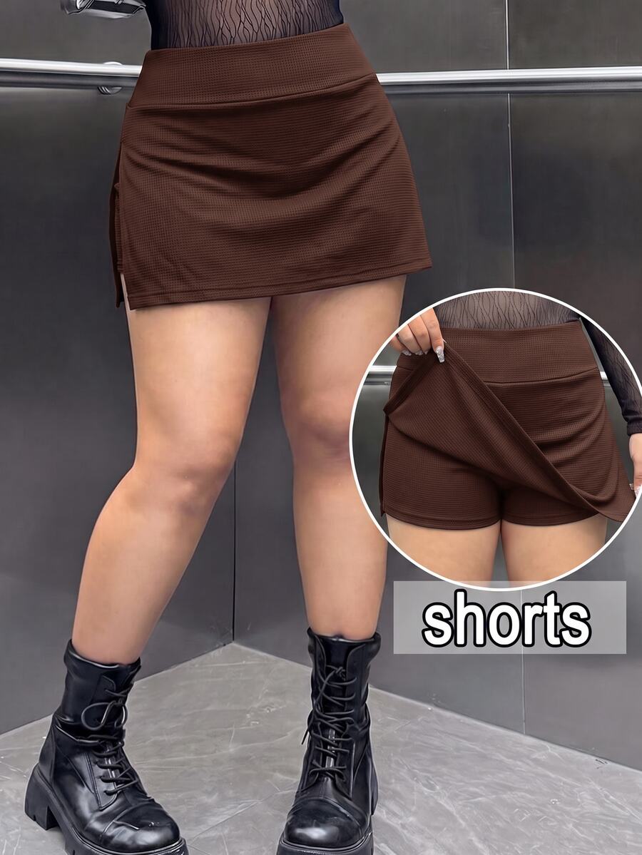 Muchica Chocolate Brown Side Slit Plus Size Skort - Chocolate Brown - View 1