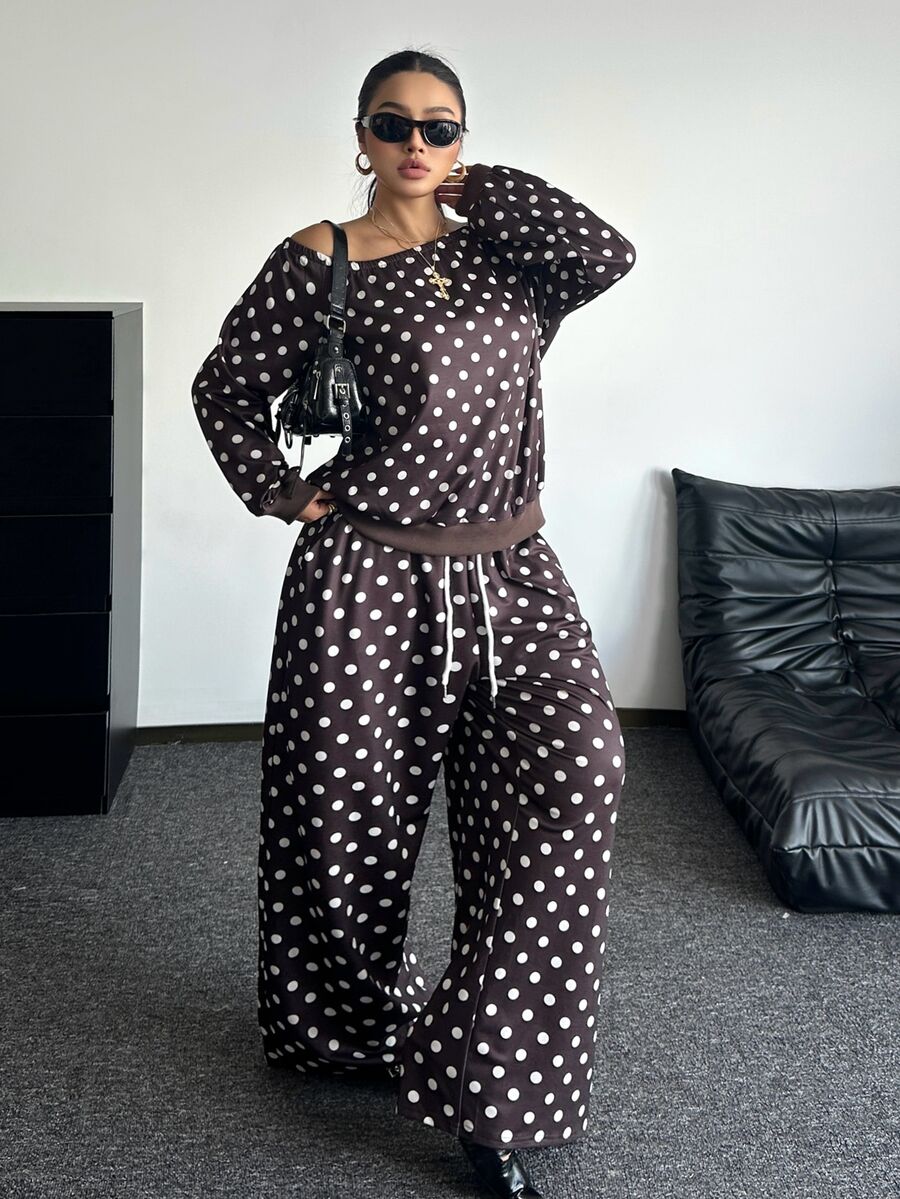 POPSWAY Plus Size Women Polka Dot Asymmetric Shoulder Sweatshirt And Pants Set, Casual Asymmetrical Shoulder Long Sleeve Two Pieces Outfit, Spring And Autumn Daily Wear - Brown - View 1