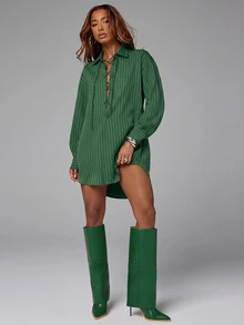 NYA SZN Women's Striped Casual Sexy Daily Fall Mini Dress Going Out Night Out Green - Green - View 4