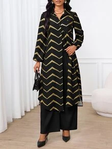 SHEIN Lady 女款金色箔波浪條紋長襯衫與長褲休閒兩件套 - 黑色 - 查看 3