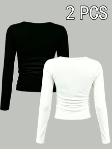 Teen Girls Fall Waist Strap Graphic Fitted Long Sleeve T-Shirt 2 Pcs, Casual Autumn Fall Tops - Multicolor - View 2