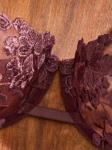 SHEIN 女款天藍色刺繡綁帶內衣套裝 2件組 - 中紫紅色 - 查看 4