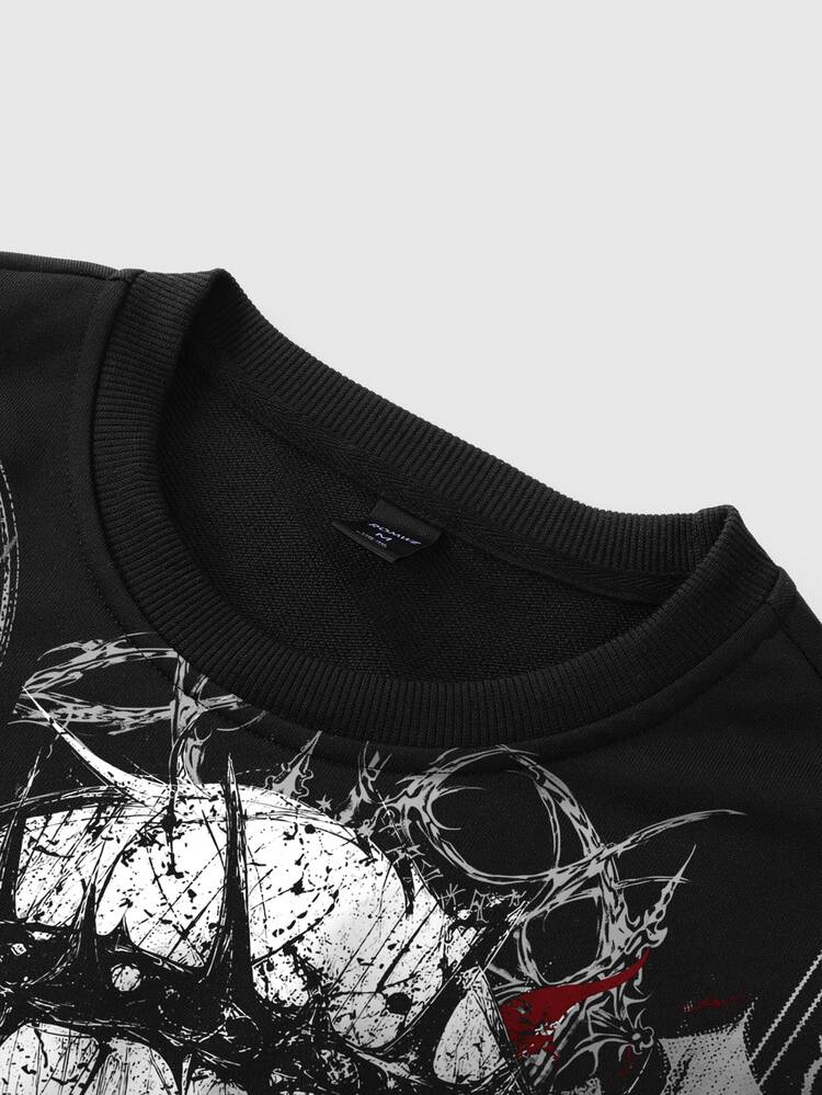 ROMWE MEN Men's Anime Character Print Loose Fit Long Sleeve T-Shirt - Black - View 4