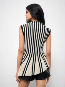 Maija Women's Colorful Striped Knit Top With Asymmetric Shoulder, Urban Slim Fit - Multicolor - View 2